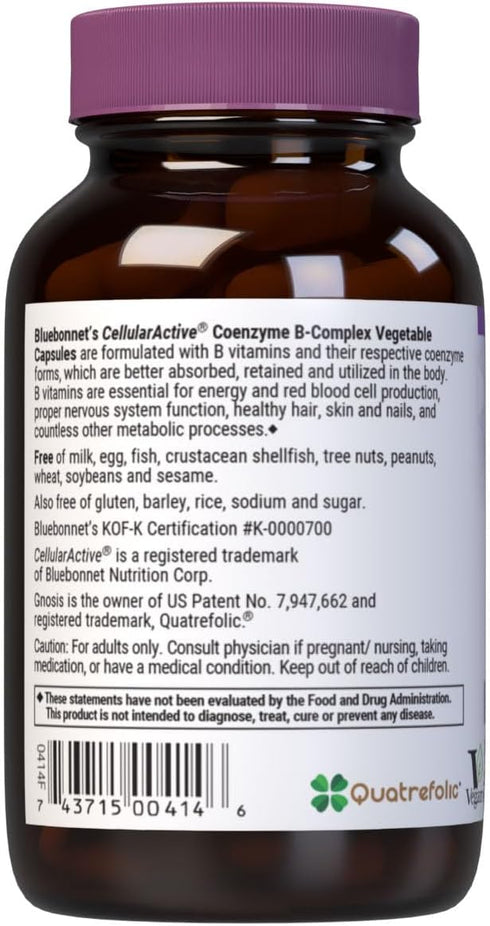 Bluebonnet Nutrition Cellular Active Coenzyme B-Complex, Energy Production & Nerve Support*, Vegan, Kosher Certified, Gluten-Free, Soy-Free, Dairy...