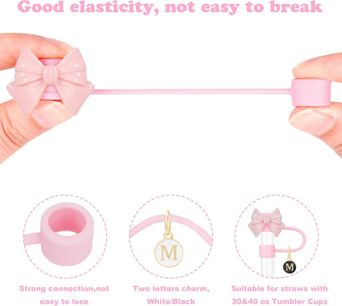 Cute Bow Straw Cover for Stanley Cup With 2 Initial Letter Charms Name ID Accessories Compatible With Stanley 30&40 OZ 10mm Straw Topper, Drinking...