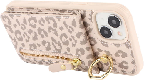 iPhone 15 Case with Card Holder for Women, iPhone 15 Phone Case Wallet with Strap Credit Card with Kickstand Zipper Case for iPhone15 - Rice Leopa...
