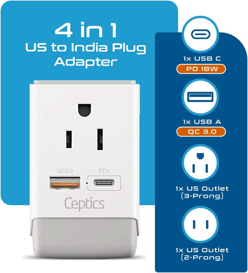 Ceptics US to India Plug Adapter, Type D Plug Adapter QC 3.0 & PD, Safe USB & USB-C 18W, India Plug Adapter Fast Charging - 2 USA Socket Compact &...