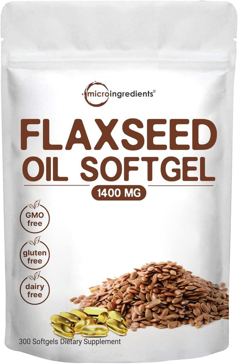 Flaxseed Oil 1400mg Softgels, 300 Counts | w/ 700mg ALA Omega 3, Cold Pressed, Rich in Fatty Acids, Alpha Linolenic Acid, Support Heart Health & I...