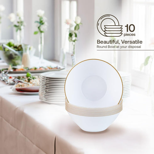 Party Plastic Bowls – White with Gold Rim - Round Plates- 10 Count- Elegant Premium Durable Dessert Bowls for Versatile Celebrations (6 oz.)...