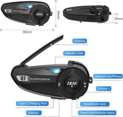 EJEAS Q2 Motorcycle Helmet Bluetooth Intercom, Motorcycle Bluetooth 5.1 Headset with Stereo Sound Effect and Quick Pairing Function for 2 Riders T...