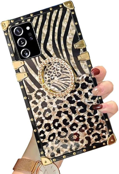 for Samsung Galaxy A52 Trunk Case,Luxury for Women Girls Box Design Gold Glitter Bling Cute Leopard Pattern Soft Cover with Finger Ring Grip Kicks...