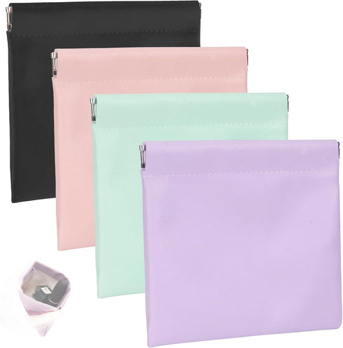Snap Closure Organizer Pouch, 4pcs Pocket Cosmetic Bag For Women Portable Waterproof Leather No Zipper Self-Closing Travel Storage Bag Mini Pu Lea...