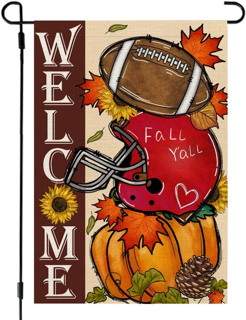 CROWNED BEAUTY Fall Welcome Garden Flag 12x18 Inch Double Sided for Outside, Burlap Small Seasonal Autumn Football Pumpkin Yard Decoration...