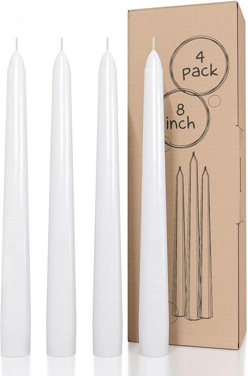CANDWAX White Taper Candles 8 inch Dripless - Set of 4 Tapered Candles Ideal as Dinner Candle - Smokeless and Unscented Taper Candles Long Burning...