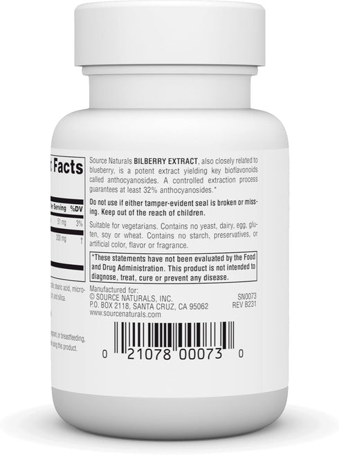 Source Naturals Bilberry Extract 100 mg Standardized Botanical Antioxidant* - 100 mg, 60 Tablets...