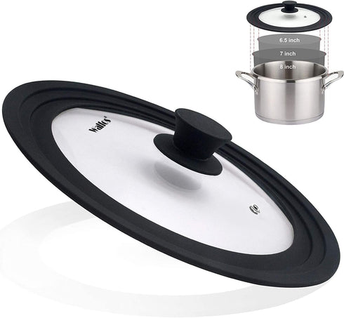 Universal Lid for Pots, Pans and Skillets & Frying Pan - Small Pan lids Fits 6.5", 7" and 8" Diameter Cookware - Tempered Glass with Heat Resistan...
