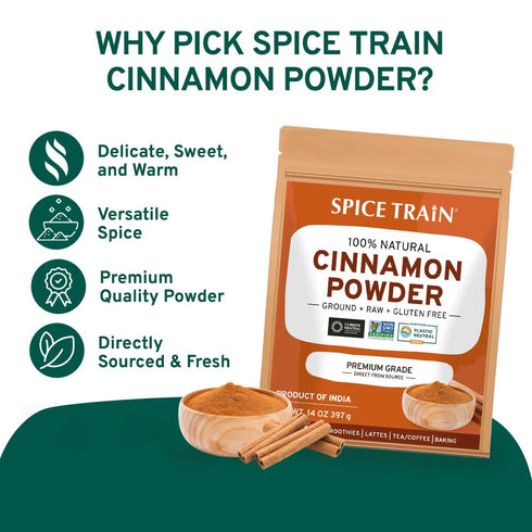 SPICE TRAIN Cinnamon Powder (397g/14oz) Non GMO, Gluten Free, 100% Raw, Sourced from South India, For Cooking, Smoothies, Lattes, Tea, Packed in R...