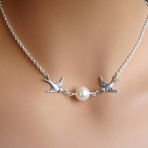 Kercisbeauty Double Swallow Flying Bird Silver Necklace with Pearl for Women Boho Collar Bone Choker...