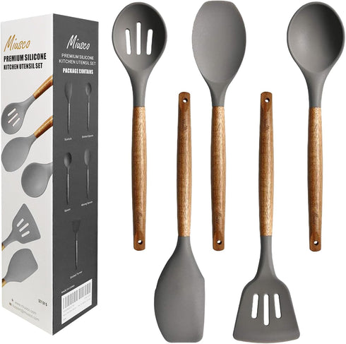 Kitchen Utensils Set, Silicone Cooking Utensils Set,Non-Stick Silicone Spatula Set with Natural Acacia Hard Wood Handle, 5 Piece, Upgraded Thicken...