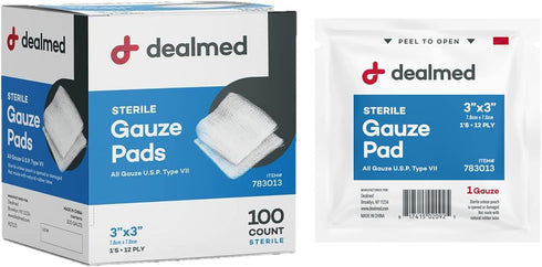 Dealmed 3’’ x 3’’ Sterile Gauze Pads (100 Count) Disposable and Individually Wrapped Medical Gauze Pads, Wound Care Product for First Aid Kit and ...