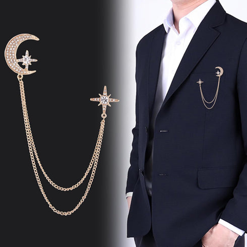 Moon Star Rhinestone Brooch with Gold Tassel Brooch for Unisex...