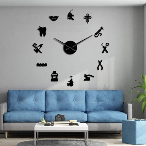 The Geeky Days Dentist Sign Giant DIY Large Wall Clock with Mirror Effect Dental Clock Wall Art Home Decor Frameless Big Time Clock Watch(Black)...