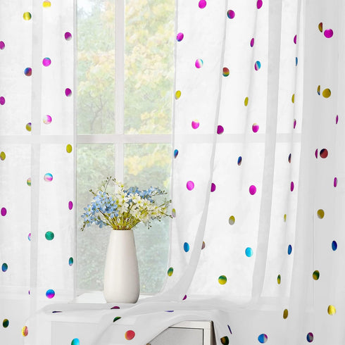 Urban Lotus White Semi Sheer Kitchen Curtains for Dining Room 45 inches Length Colorful Metallic Polka Dots Printed Tier Curtains Lightweight Rod ...