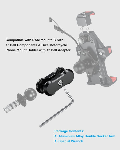 BRCOVAN Aluminum Alloy Anti-Theft Double Socket Arm Compatible with RAM Mounts B Size 1'' Ball Components & Bike Motorcycle Phone Mount Holder wit...