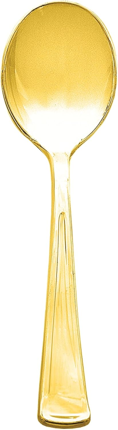 Party Essentials Disposable Plastic Cutlery/Heavy-Duty Flatware/Silverware for All Events, 100-Count, Shiny Gold Soup Spoons...