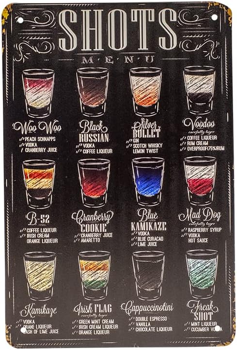 TG,LLC Treasure Gurus Metal 8x12 Retro Classic Alcohol Liquor Shots Menu Recipes Wall Sign Tin Home Bar Pub Art Decor...