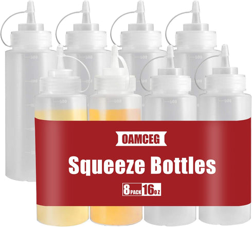 OAMCEG 16OZ Squeeze Bottles - 8 Pack Durable Plastic Condiment Bottles, Squirt Bottle with Discrete Measurements, for Ketchup, BBQ, Sauces, Syrup,...