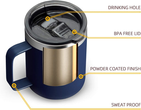 ALOUFEA 12oz Stainless Steel Insulated Coffee Mug with Handle, Double Wall Vacuum Travel Mug, Tumbler Cup with Sliding Lid, Navy...