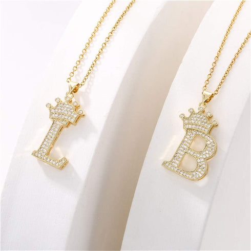 A-Z Crown Initial Necklace for Men Women 14K Gold Plated Iced Out Monogram Pendant with 18" Chain+2"(Extended) DIY Name Jewelry...