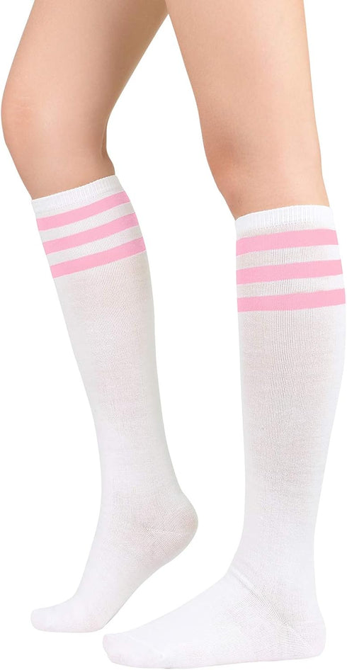 New Womens Athletic Socks Outdoor Sport Socks Knee High Stockings Casual Stripes Tube Socks 1 Pack White Pink...