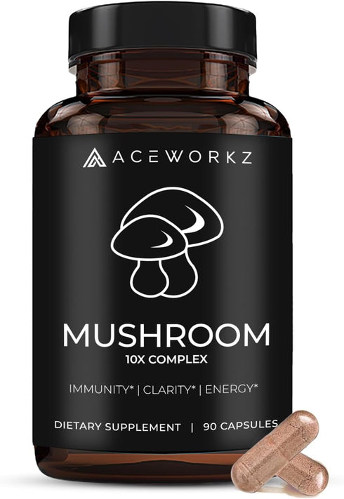 ACEWORKZ 10 Mushroom Complex Supplement - Lion’s Mane, Reishi, Cordyceps & More - Brain Health, Memory & Focus Nootropic - Energy & Immune Support...
