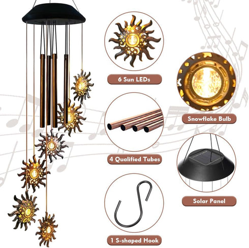 Solar Sun Wind Chimes for Outside Solar Sun Moon Star Wind Chimes Outdoor Hanging Lights Warm LED Outdoor Sun Decor Sun Gifts for Wife Mother Gran...