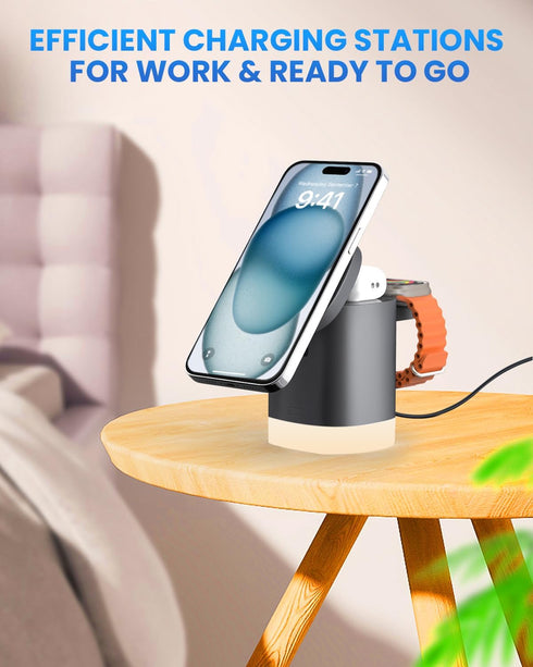 JoyGeek 3-in-1 Charger Stand for Magsafe: Foldable Wireless Charging Station with Night Lights - Magnetic Charger Dock for iPhone 15/14/13/12 Pro/...