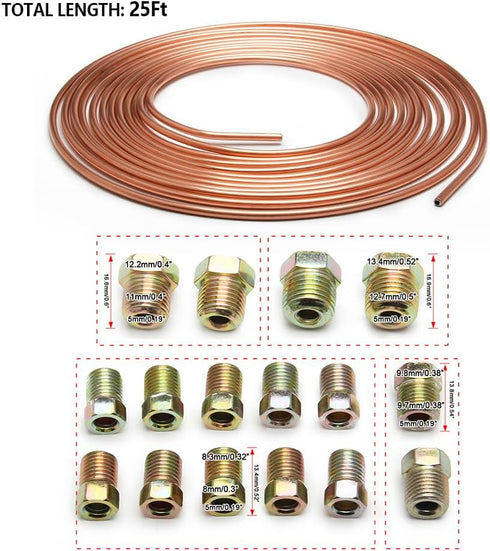 25Ft 3/16 Brake Line Kit with 16 Brake Line Fittings,Pre Bent Brake Lines for Automotive Replacement Brake Lines,Copper Brake Lines and Fittings f...