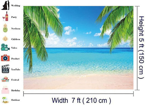 7x5ft Summer Beach Photography Backdrop Sea Ocean Palm Leaf Sand Beach Background Wedding Baby Shower Birthday Party Banner Supplies Photo Booth P...