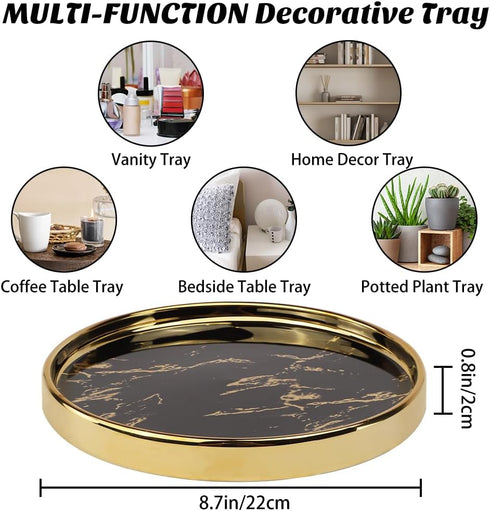 Small Round Black Decorative Tray – Marble Look Jewelry Dish, Perfume Organizer, Makeup Vanity Tray for Dresser, Counter, or Bedroom...