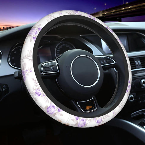 Purple Flowers Cute Steering Wheel Cover for Women Girls Car SUV 15 Inch Universal Fit Auto Accessories Personalized...