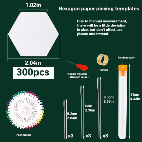 352 Piece Paper Piecing Templates Set, Include 300 1-inch Paper Piecing Hexagons, 9 Large-Eye Pins with Needle Bottle, 40 Positioning Pins, 1 Thim...