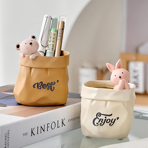 Cute Pen Holder for Desk,Creative Cute Pet Pencil Holder,resin material, Nordic Retro Style Pen Organizer for Desk, Makeup Brush Organizer (Rabbit...