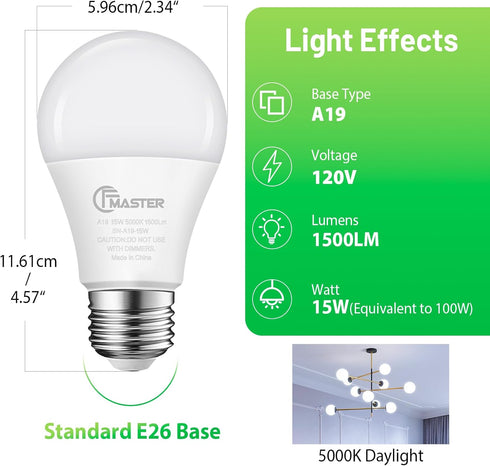 A19 LED Light Bulbs 100W Equivalent, 1500 Lumens Daylight White 5000K, E26 Standard Base A19 Lightbulbs, Non-Dimmable 15W High Bright LED Bulb, ET...