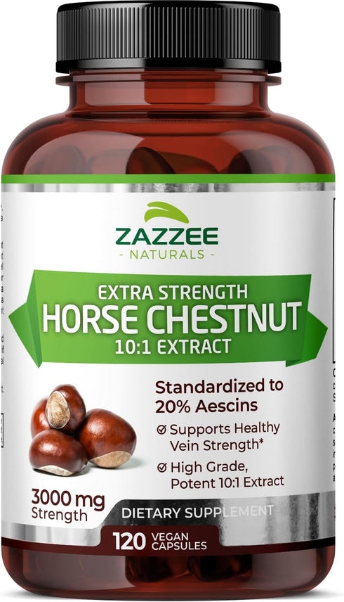 Zazzee Extra Strength Horse Chestnut 10:1 Extract, 3000 mg Strength, 20% Aescins, 4 Month Supply, 120 Vegan Capsules, Concentrated and Standardize...