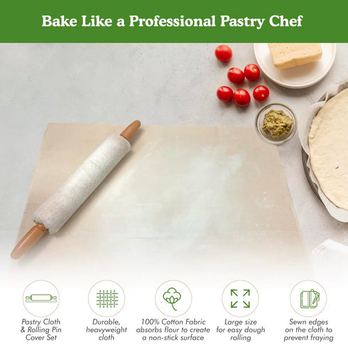 Regency Wraps Natural Pastry Cloth 20"x24" with 15”Rolling Pin Cover, 100% Cotton for Non-stick Dough Rolling, Achieve Perfect Dough for Baked Goo...