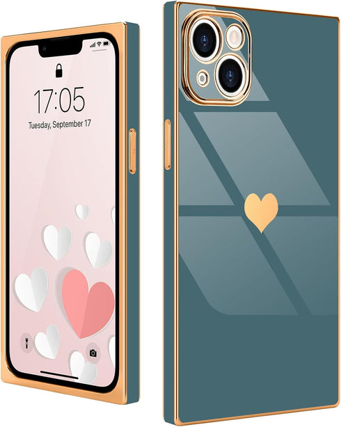 Compatible with iPhone 13 Case Square Luxury Plating Gold for Women Girls Cute Love Heart Pattern Shockproof Raised Full Camera Lens Protection Co...