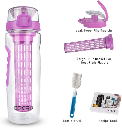 Opard Water Bottle with Time Marker, 30 oz Sports BPA Free Plastic Reusable Fruit Infuser Water Bottles with Handle, Leak Proof Flip Top Lid, Infu...