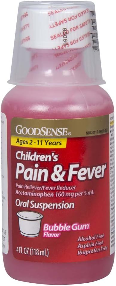 GoodSense Children's Pain Reliever Oral Suspension Liquid, Bubble Gum Flavor, Acetaminophen 160 mg per 5 mL, Effective, Safe Pain Reliever/Fever R...