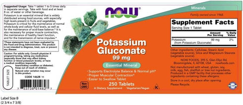 NOW Supplements, Potassium Gluconate 99mg, Easier to Swallow, Essential Mineral*, 250 Tablets...