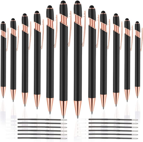 12 PCS 2 in 1 Stylus Ballpoint Pens.Pen with Stylus Tips, 1.0 mm Black Ink Metal Pen Stylus Pens for Touch Screens,12 Pens and 12 Refills (Rose Go...