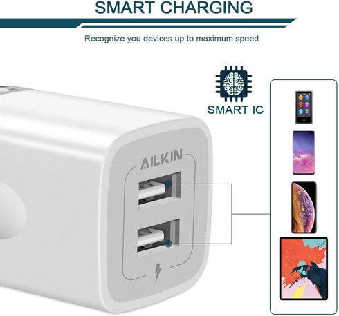USB Wall Charger, Foldable Charger Adapter, AILKIN 2Pack 2.4Amp Dual Port Quick Charger Plug Cube AC Travel Box for iPhone 15 14 Pro Max 13 12 11P...