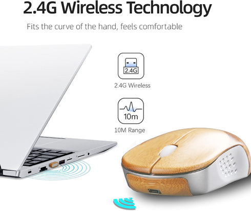 Icemouse Wireless Computer Mouse, Rechargeable Bamboo Wireless Mouse 2.4GHz Optical Silent Mouse with USB Receiver and 4 Adjustable DPIs, for Lapt...