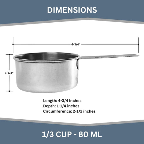 1/3 Cup Stainless Steel Measuring Cup | Sturdy Metal 80 ml Single Cup for Wet and Dry Ingredients | Great for use as 1/3 Cup Dog Food Scoop - 1 PK...
