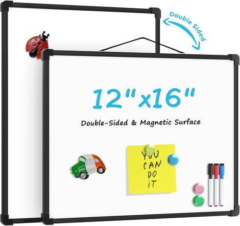 MaxGear Double-Sided Dry Erase Board for Wall, 16"x12" Hanging Whiteboard, Small White Board with 3 Markers&4 Magnets, Portable for Students - Pla...