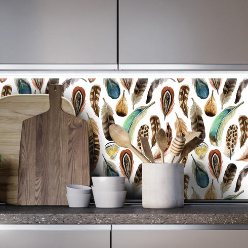 Boho Peel and Stick Wallpaper, 17.71in X 118.1in Self Adhesive Removable WallPaper Brown/Green Plumes Contact Paper Waterproof Decorative Wallpape...