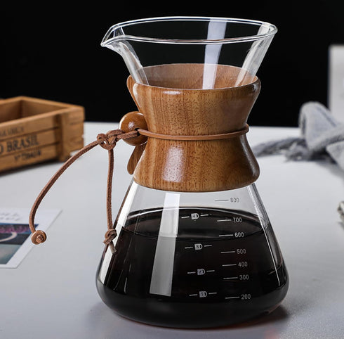 Pour Over Coffee Maker with Reusable Stainless Steel Drip Filter, Lead-Free Borosilicate Glass Coffee Carafe with Modern Wooden Collar for 1-6Cup,...